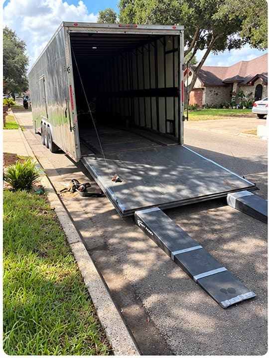 Enclosed auto transport trailer with the loading ramp lowered in Texas