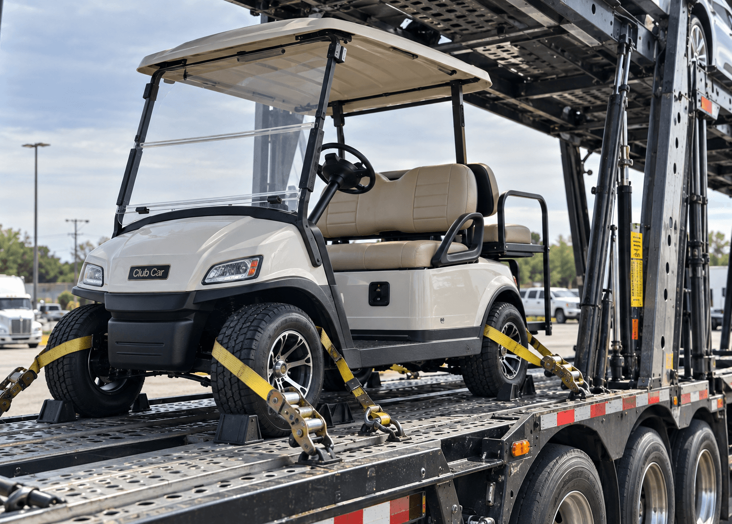 A Club Car golf cart strapped and secured on an open auto transport trailer